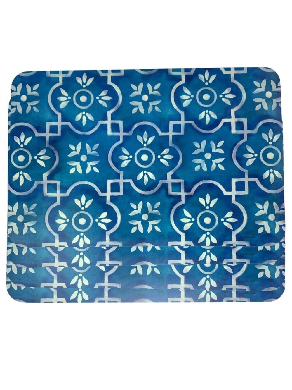 Blue White Moroccan Tile Vinyl Reversible Placemats 4 Pc Set